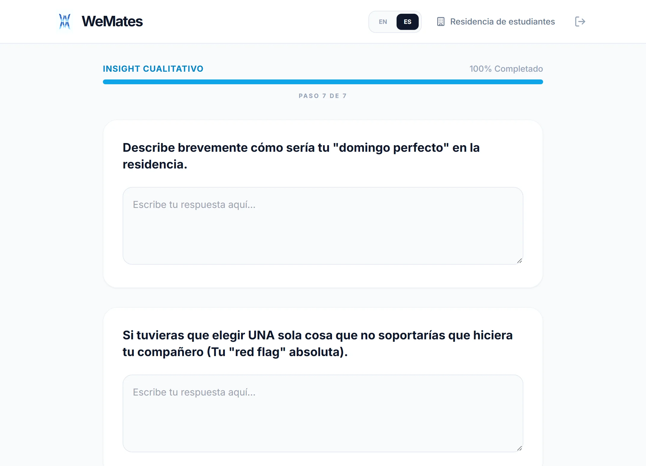 La encuesta del estudiante en la sección de insight cualitativo, paso 7 de 7, con las preguntas abiertas y sus cajas de texto.